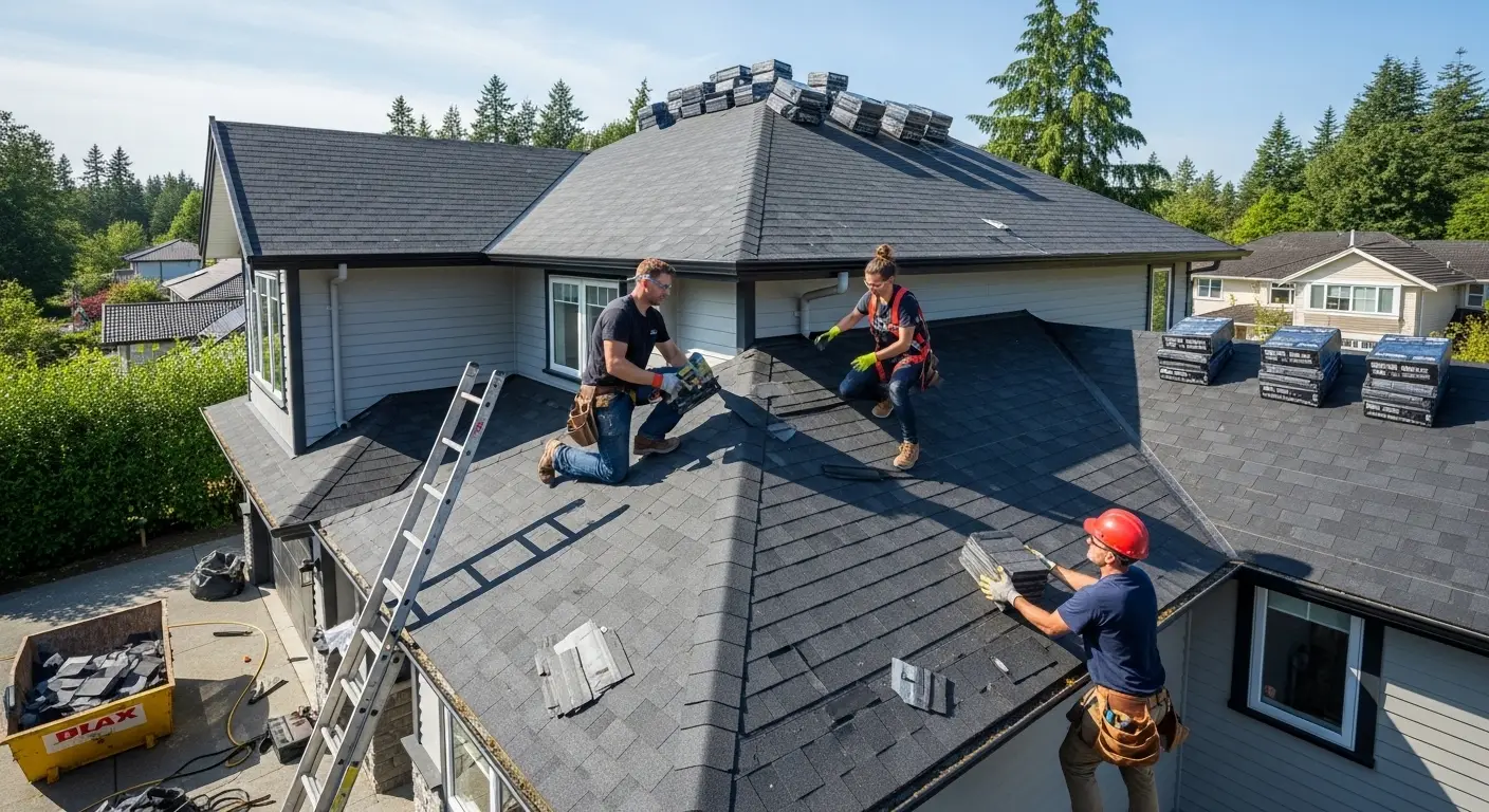 Two roofers on a South Florida roof with a ladder set at the eave inspecting vents and penetrations