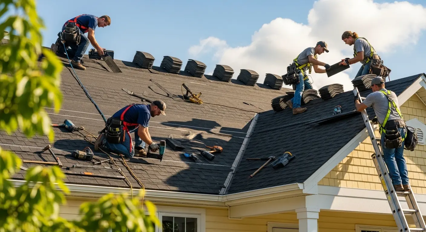 Roofing crew working along the eave and fascia line of a South Florida home