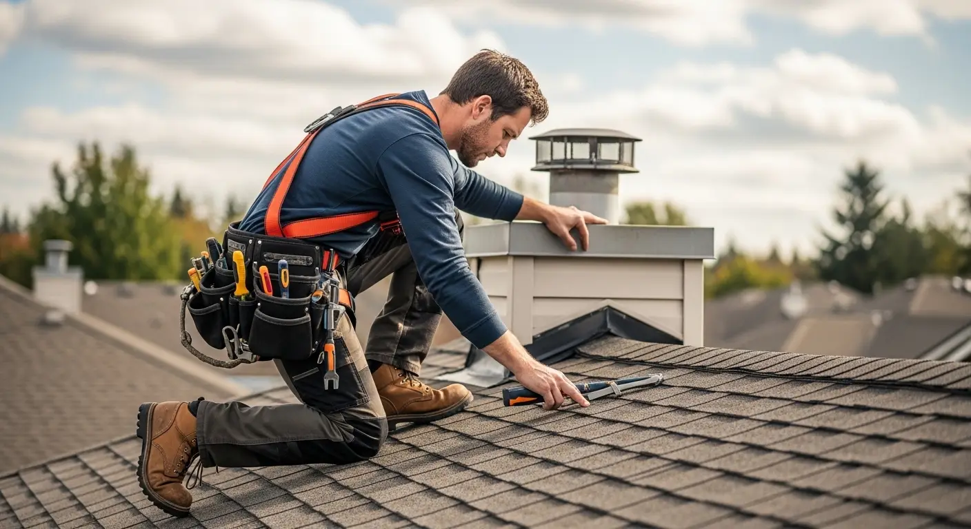 Roofer inspecting and sealing chimney flashing during a pre-hurricane-season roof inspection