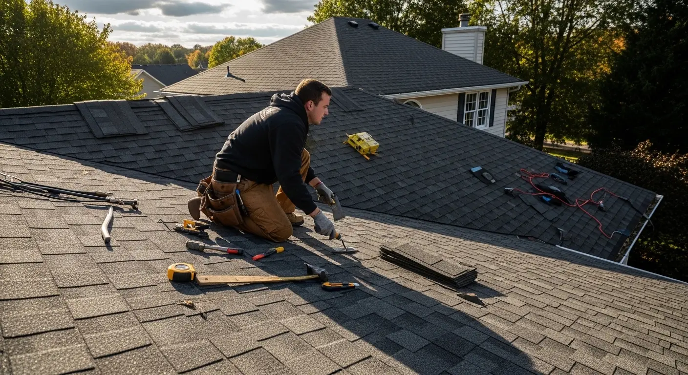 Roofing technician with hand tools examining a detail on a South Florida roof during a leak diagnosis