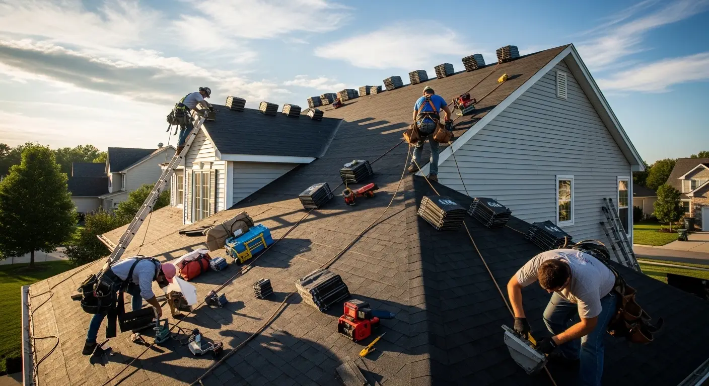 Licensed roofing crew on a South Florida job site during a permitted repair