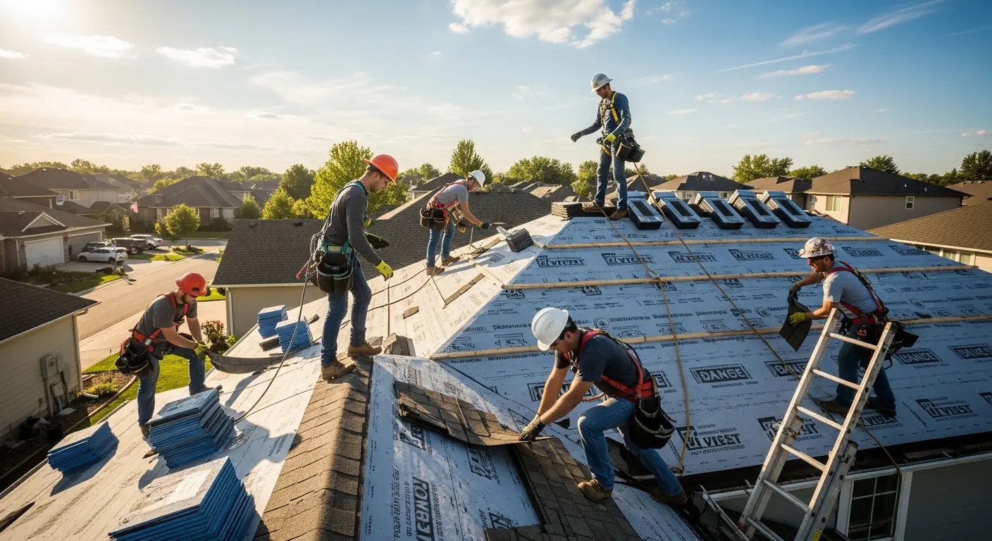 Roofing crew rolling out self-adhered underlayment over bare roof decking before the new covering goes down