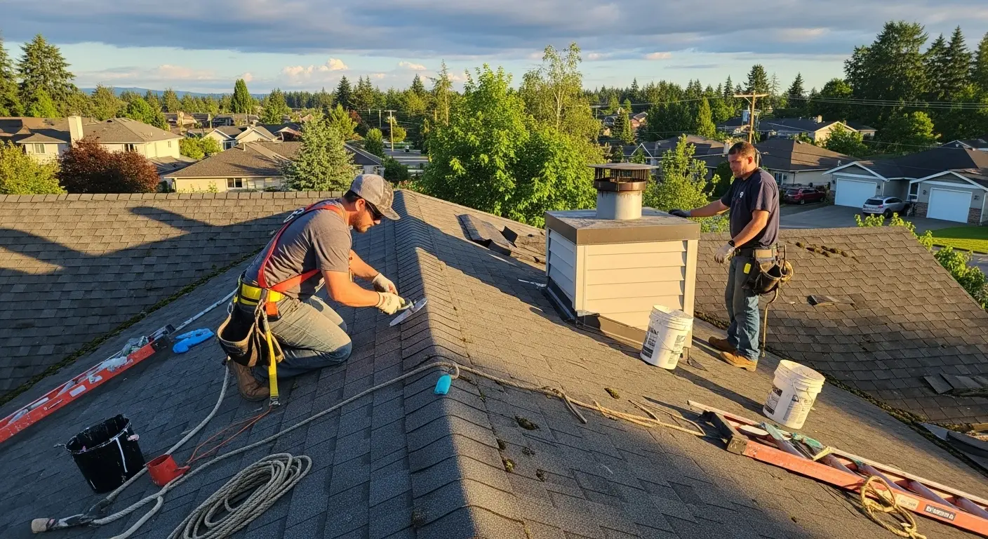 Roofer kneeling on a tile roof lifting a tile to inspect the underlayment beneath it