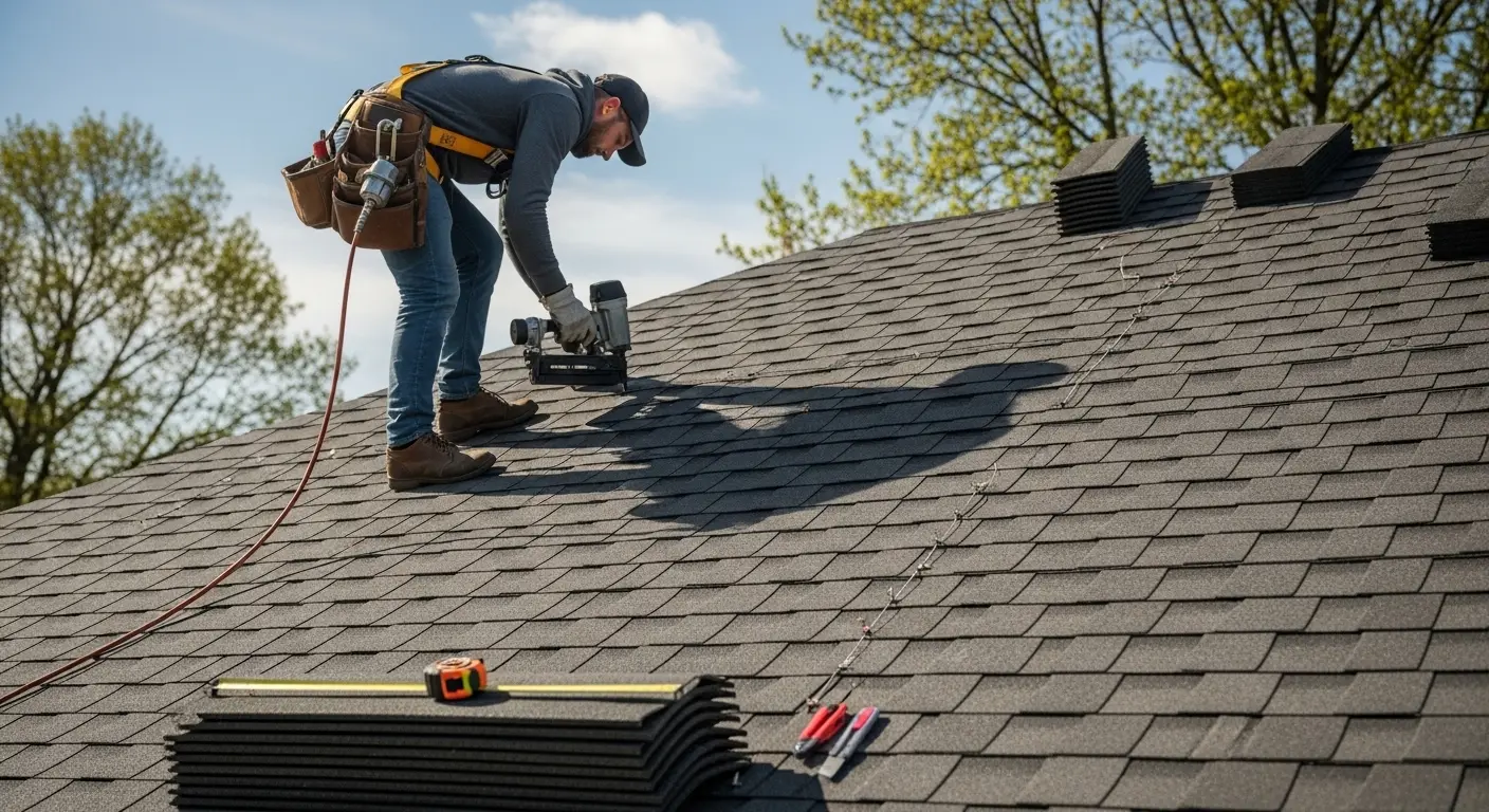 Roofer using a nail gun to install architectural shingles on a South Florida home