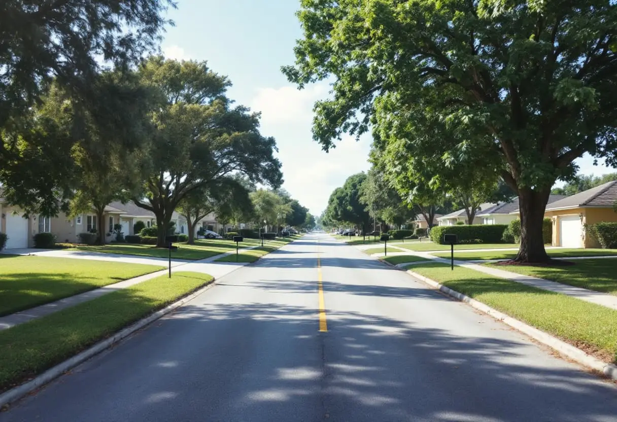 A row of single-story homes on a quiet Davie street, each set on a concrete slab foundation with no crawlspace beneath