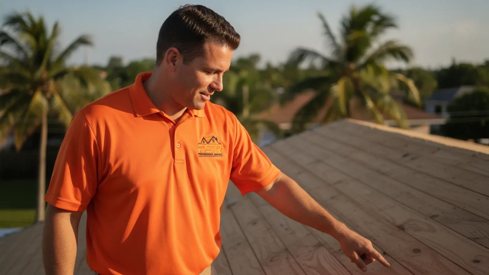 Roofing professional inspects residential roof installation on sunny day