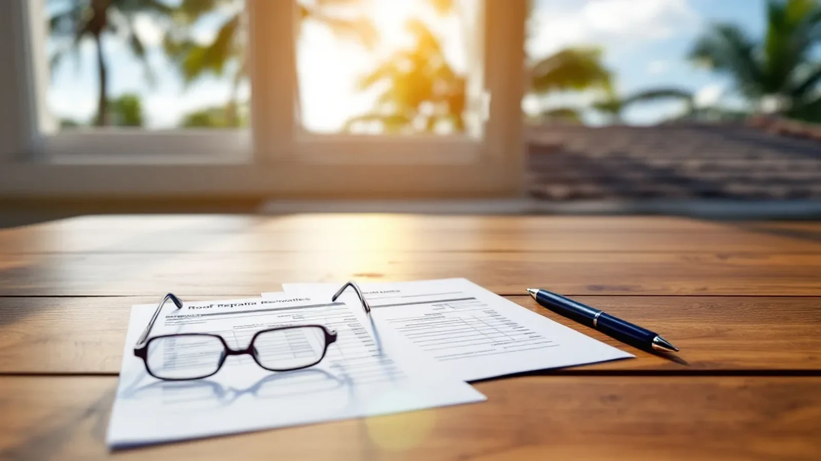 Desk workspace with documents, glasses, and pen in bright natural sunlight from windows.