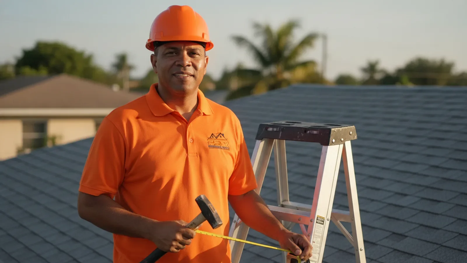 Roofing contractor on residential roof with tools and ladder.