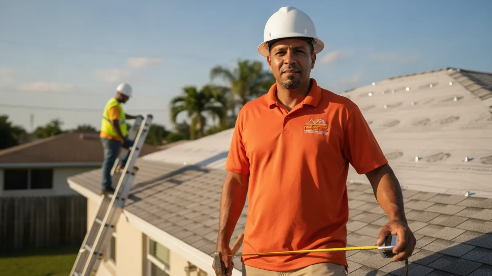 Roofing contractor in orange shirt and white hard hat measuring roof with tape measure during inspection.