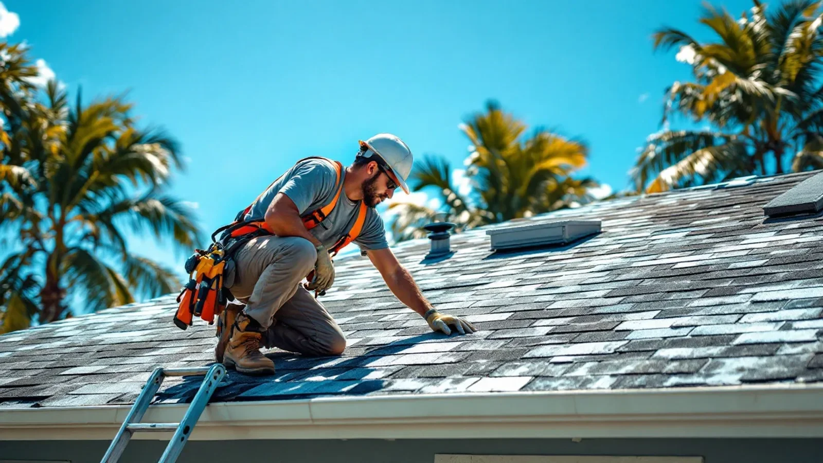 Roofer installing solar panels on residential roof with clear blue sky and palm trees.
