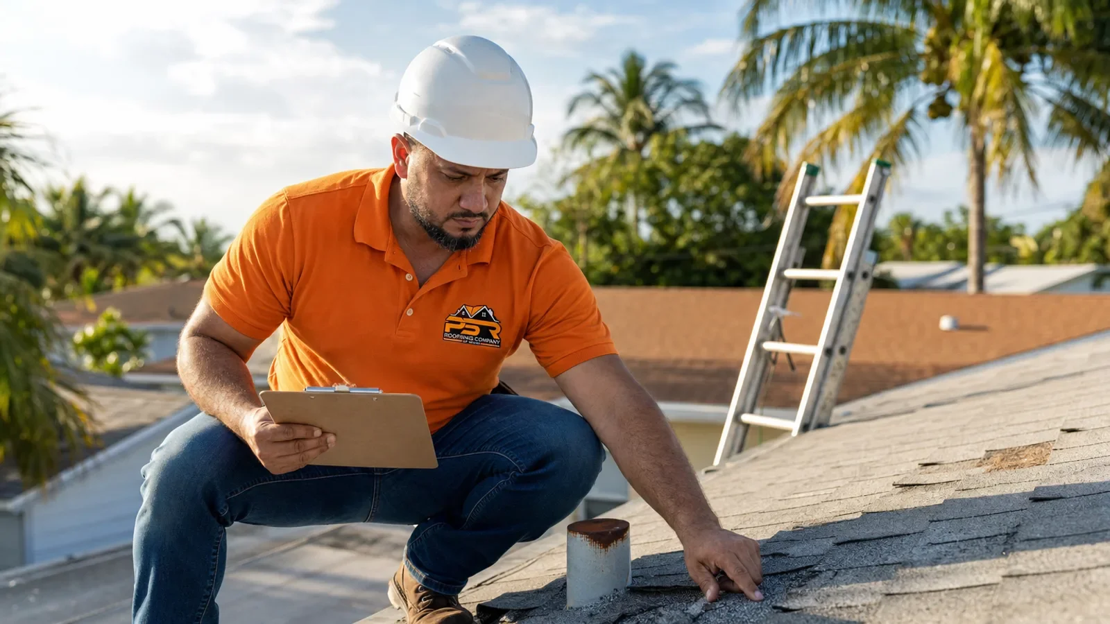 Roofing inspector examines shingles on residential roof using tablet for documentation.