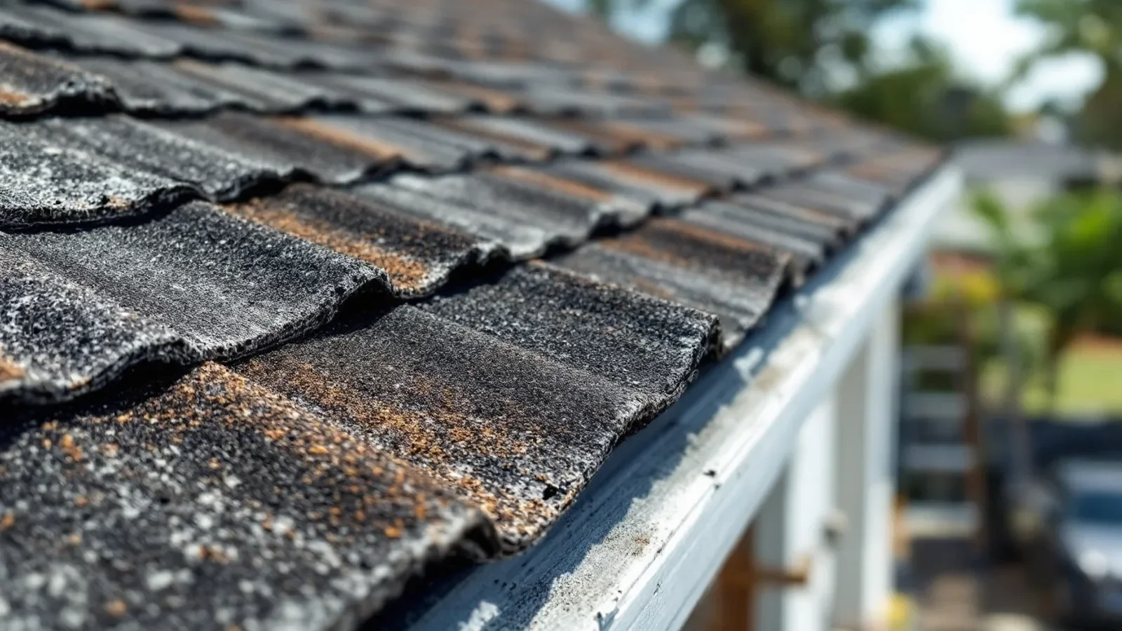 Close-up of aged asphalt shingles showing wear, granule loss, and weathering on residential roof.
