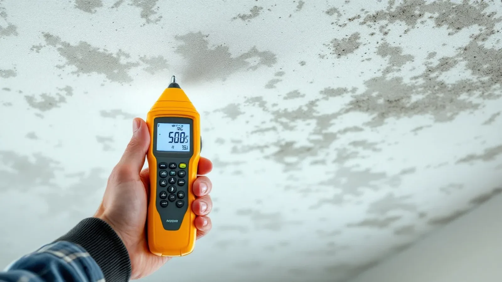 Technician holds sound level meter against moldy ceiling during indoor air quality inspection.