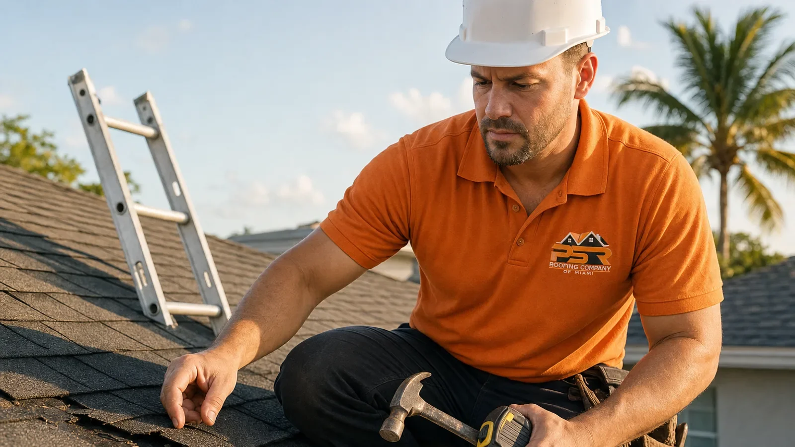Roofing contractor inspects shingle damage on residential roof during daylight assessment.
